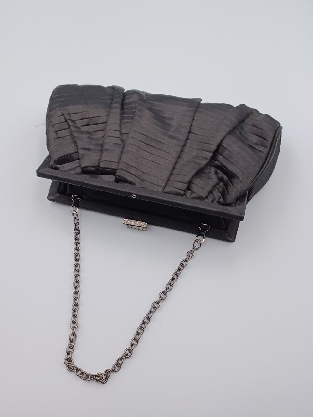 Vintage Jacqueline Ferrar Evening Clutch Pleated Black Satin Bling Closure